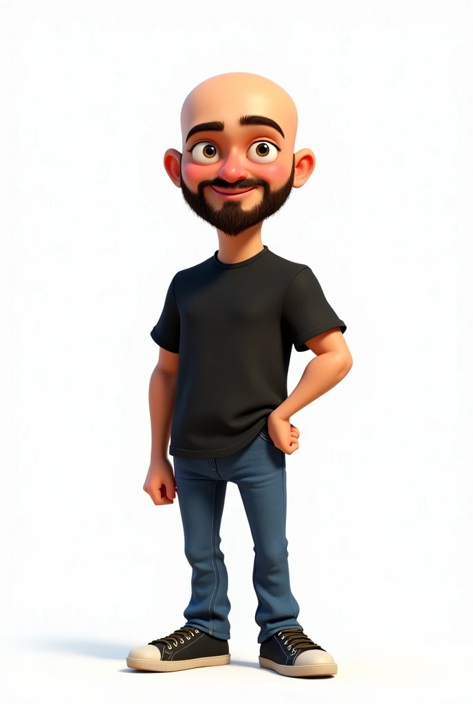 create a disney and pixar style character bald and with a full beard, missing only below the mouth, but with a beard on the chin yes. thin eyebrow, fine nose, oval square face, black t-shirt and jeans, black sneakers, white background