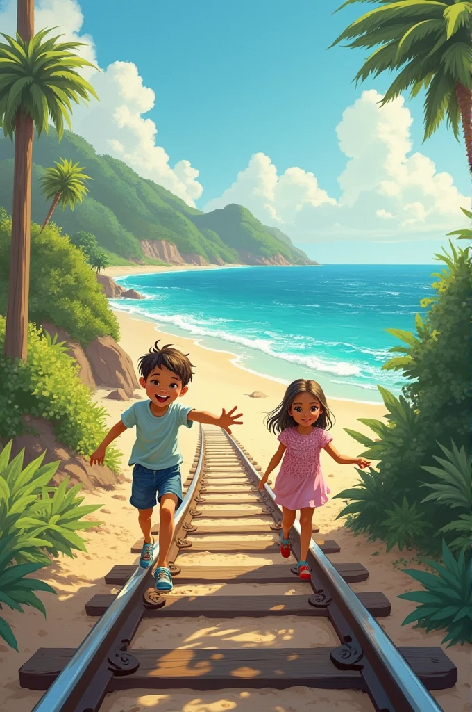 Boy and girl playing on the train tracks by the sea