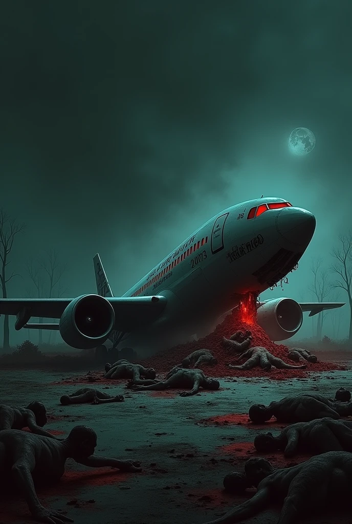 An aeroplane crash written Jahaz Hub (29-07-2003) in a dark creepy place with dead bodies and blood around it
