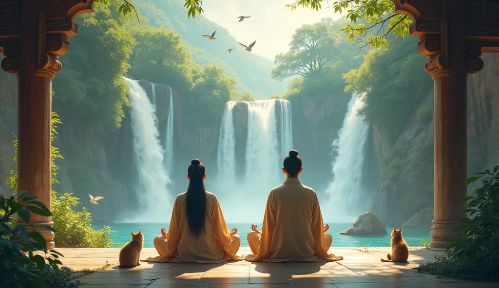 2 Asians meditating with their backs to an image in an ancient temple with flying birds and two waterfalls in front and lots of nature with 2 cats and some animal in the water