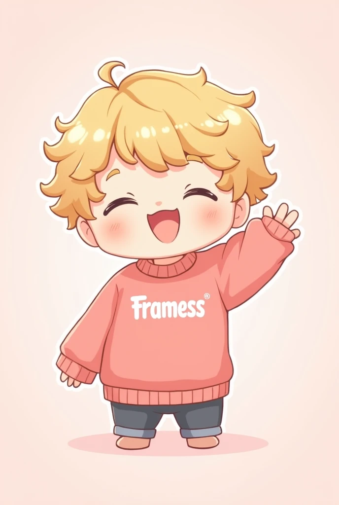  the blond hair design is anime he smiles with his eyes closed and waves to the front he also has curls and a pink sweater with framess written on it in the middle with white writing the background is light pink and he is a boy and on the powder should be framess the boy should be small