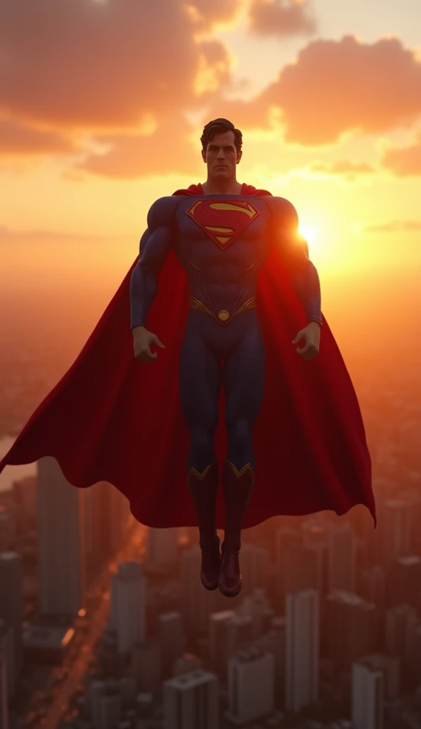 superman flying over a city at sunset with a city in the background, superman pose, superman, movie still 8 k, superman emerging from the sun, hot toys, herry cavill, highly detailed 8k photography, superman costume, high res 8k, super photo realistic, textless, 8k render”, cinematic shot!, highly detailed 8 k, highly detailed 8k