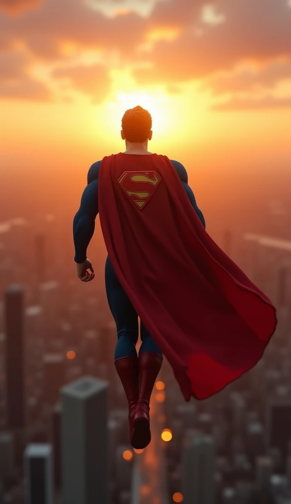 superman flying over a city at sunset with a city in the background, superman pose, superman, movie still 8 k, superman emerging from the sun, hot toys, herry cavill, highly detailed 8k photography, superman costume, high res 8k, super photo realistic, textless, 8k render”, cinematic shot!, highly detailed 8 k, highly detailed 8k