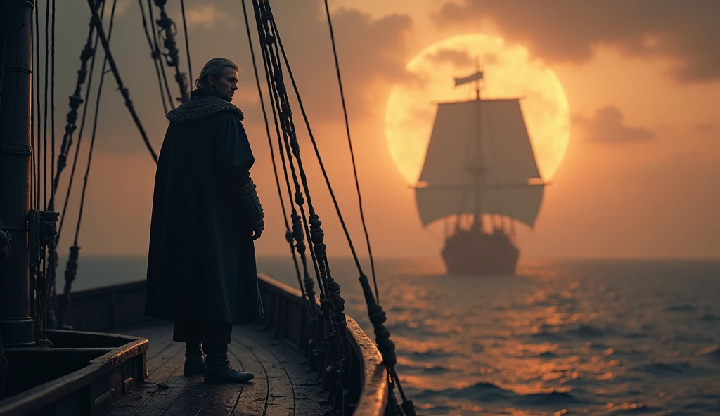 A cinematic and dark image of a medieval ship captain standing at the prow of his vessel, gazing into a misty, otherworldly horizon. The twilight sky is awash in rich golds and deep purples, hinting at the approach of a mythical realm like the lost Land of Mu. Ethereal shapes of sirens glide gracefully around the ship in the distance, their haunting songs almost visible as ripples of light that encircle the captain, drawing him into a dreamlike trance. The ship's wooden deck is weathered, the sails barely catching the wind as the surreal, darkened sea stretches infinitely ahead, filled with an aura of mystery and ancient lore., Surrealism, Hyperrealism, UHD, retina, masterpiece, accurate, anatomically correct, textured skin, super detail, award winning, 16k