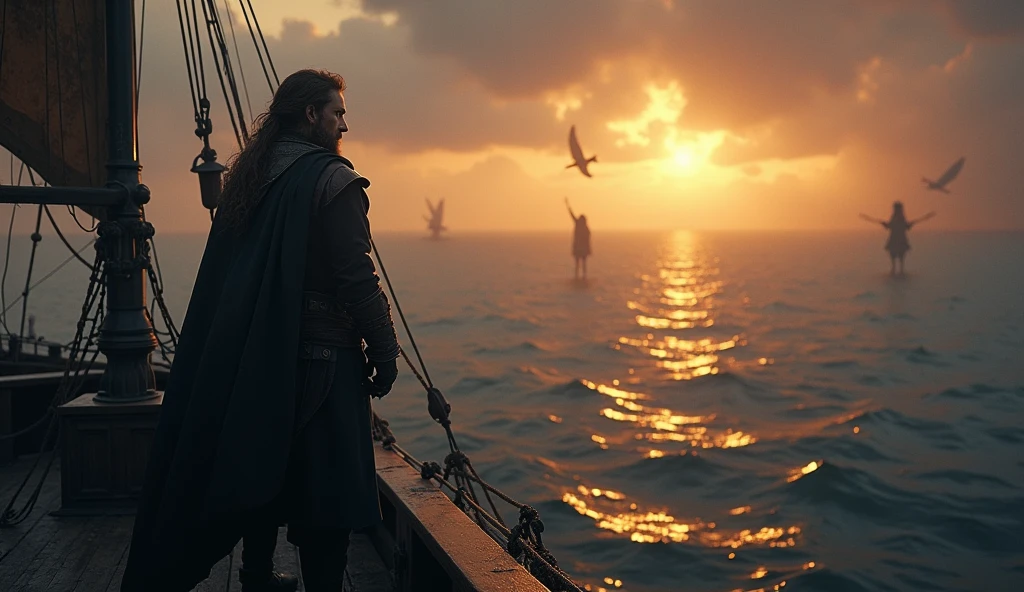 A cinematic and dark image of a medieval ship captain standing at the prow of his vessel, gazing into a misty, otherworldly horizon. The twilight sky is awash in rich golds and deep purples, hinting at the approach of a mythical realm like the lost Land of Mu. Ethereal shapes of sirens glide gracefully around the ship in the distance, their haunting songs almost visible as ripples of light that encircle the captain, drawing him into a dreamlike trance. The ship's wooden deck is weathered, the sails barely catching the wind as the surreal, darkened sea stretches infinitely ahead, filled with an aura of mystery and ancient lore., Surrealism, Hyperrealism, UHD, retina, masterpiece, accurate, anatomically correct, textured skin, super detail, award winning, 16k