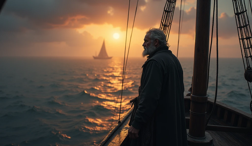 A cinematic and dark image of a medieval ship captain standing at the prow of his vessel, gazing into a misty, otherworldly horizon. The twilight sky is awash in rich golds and deep purples, hinting at the approach of a mythical realm like the lost Land of Mu. Ethereal shapes of sirens glide gracefully around the ship in the distance, their haunting songs almost visible as ripples of light that encircle the captain, drawing him into a dreamlike trance. The ship's wooden deck is weathered, the sails barely catching the wind as the surreal, darkened sea stretches infinitely ahead, filled with an aura of mystery and ancient lore., Surrealism, Hyperrealism, UHD, retina, masterpiece, accurate, anatomically correct, textured skin, super detail, award winning, 16k