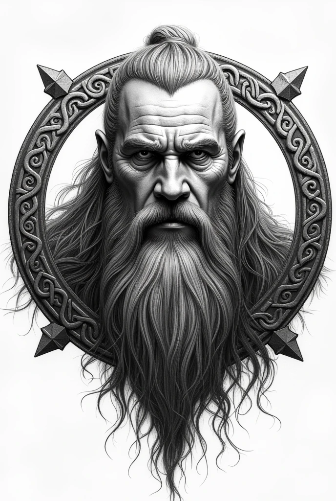 black and white drawing of odin&#39;s face and the viking circle