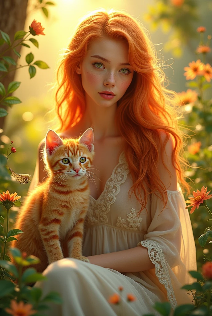 Create an image, on which there will be a person, Young woman, which lives in the sun, she has orange hair and green eyes. She has a pet kitten.. The kitten has fur made of sun rays