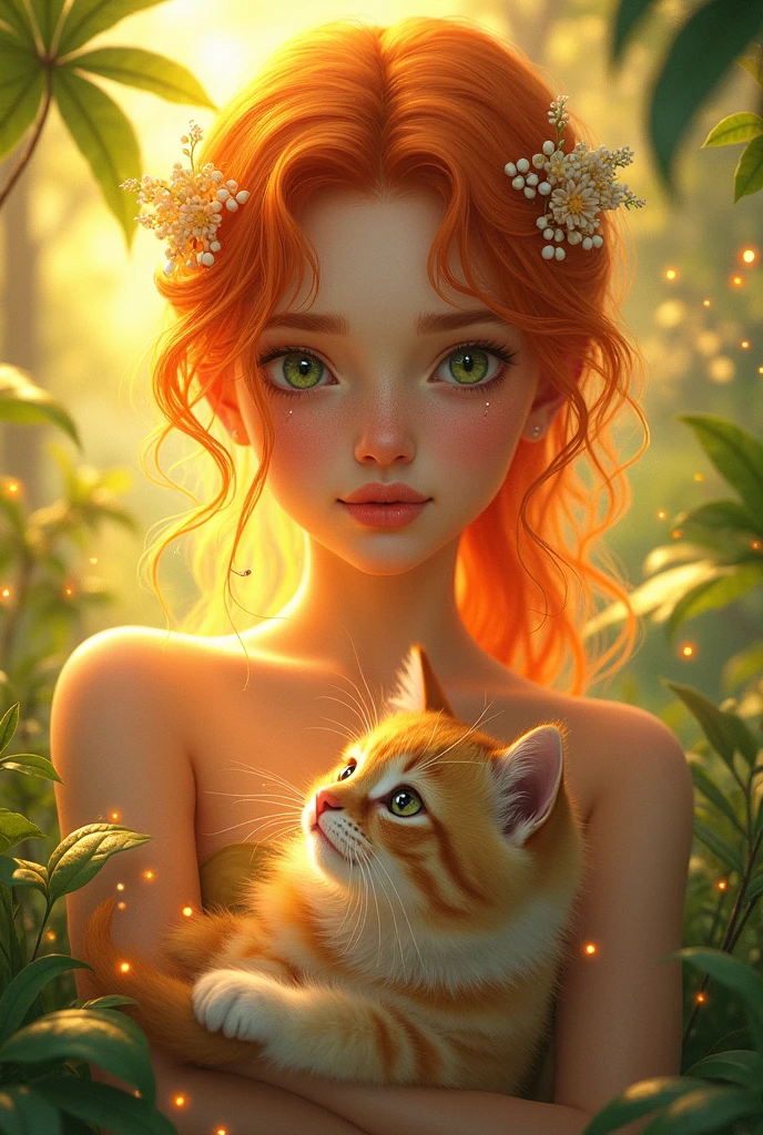 Create an image, on which there will be a person, Young woman, which lives in the sun, she has orange hair and green eyes. She has a pet kitten.. The kitten has fur made of sun rays