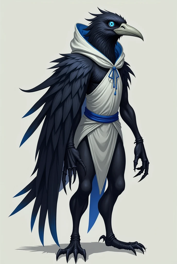 humanoid crow with black feathers and dark blue tips, deep blue eyes, whitish beak, having only the left wing in the same color scheme as its feathers, wearing a kind of white tunic with blue details, sleeveless and hoodless, long, pointed claws on their hands.