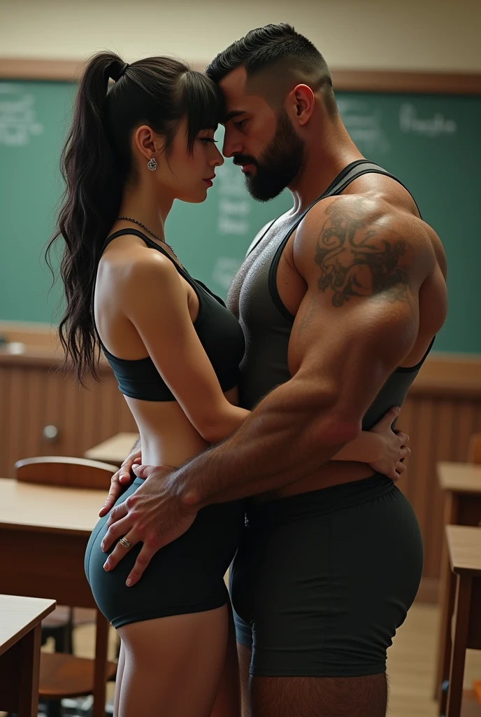 Photo realistic image of a 2 white teacher with a big, muscular build and body hair in the classroom with a tight sports uniform on her big, hairy, muscular legs in love with a 1 student