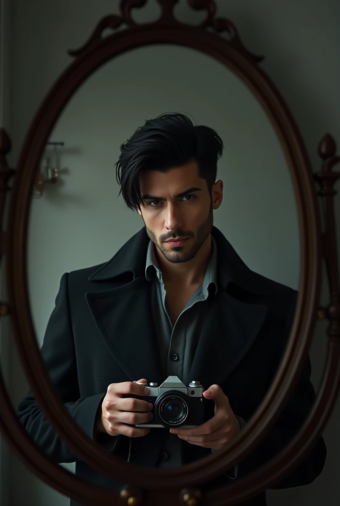 An image of a man with black hair in a coat in his 30s taking a picture in the mirror with a young Mullet haircut
