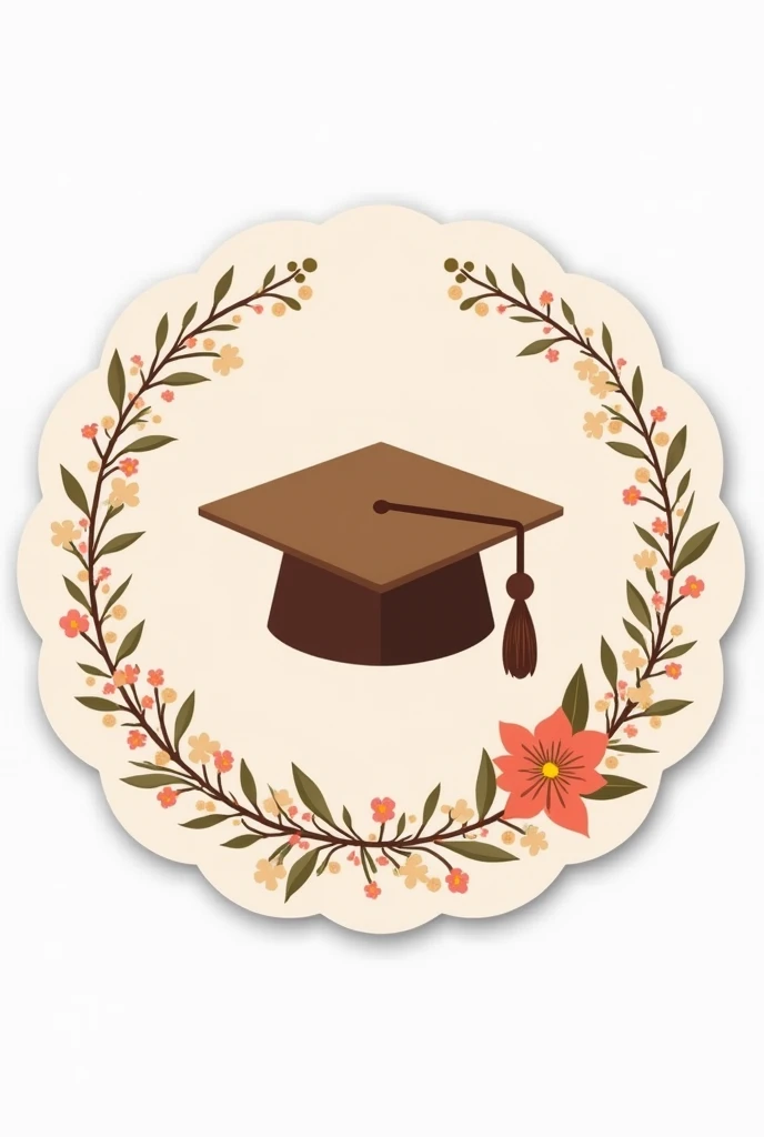 A sticker with a graduation cap in the middle in brown, It has to be delicate and with arches of small flowers forming a circle around the hat 