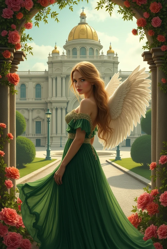 Create for me the image of the cover of my book the title (Anne's Fate) write the name in Portuguese and put my author name Kelly Ramos put a palace in the background, flowers and a young woman with an angelic face, a very realistic image of blond hair and green eyes wearing a moss green dress from the 1910s