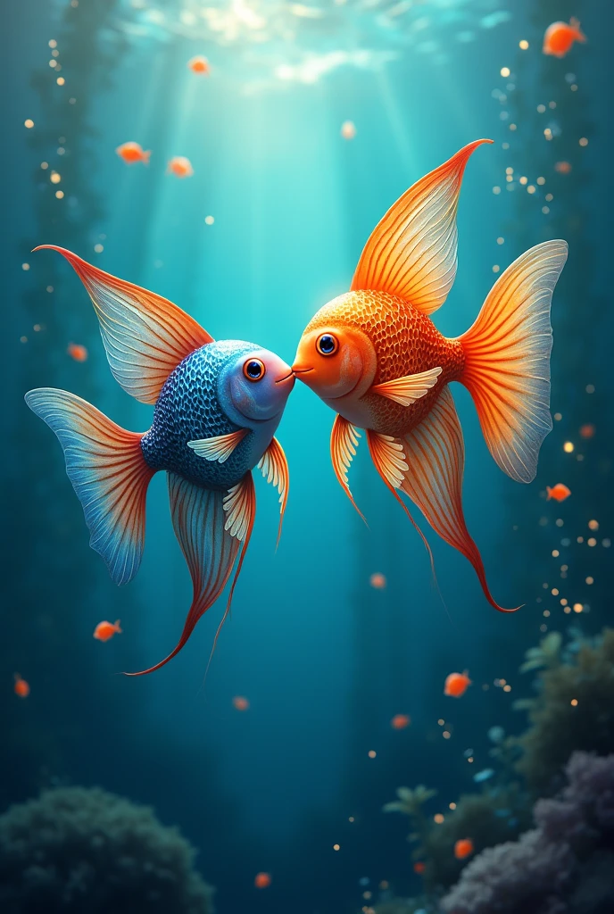 two fish in the sea in love shiny scales tender butterfly fish lots of love love love tenderness tender face
