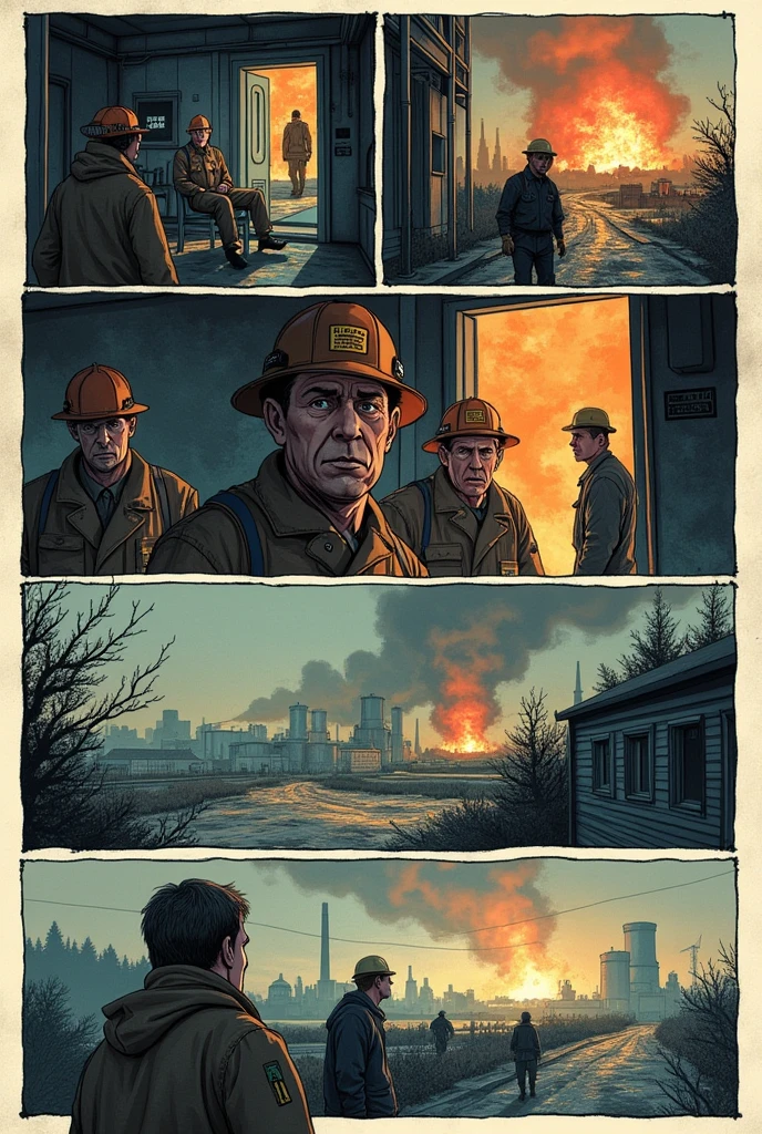 Create a comic book image about the Chernobyl accident with 6 comic strips