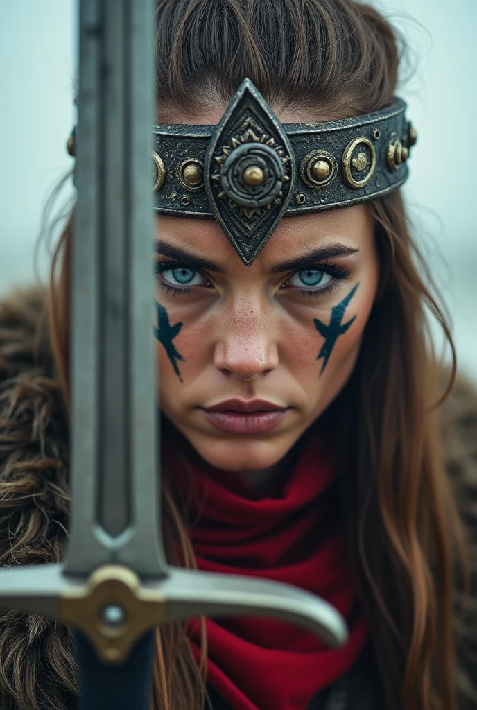 Close up viking warrior with sword in hand, Woman, blue eye, makeup on face, sword next to the face, large head ornament , red neck collar,  painted face, angry, yelling