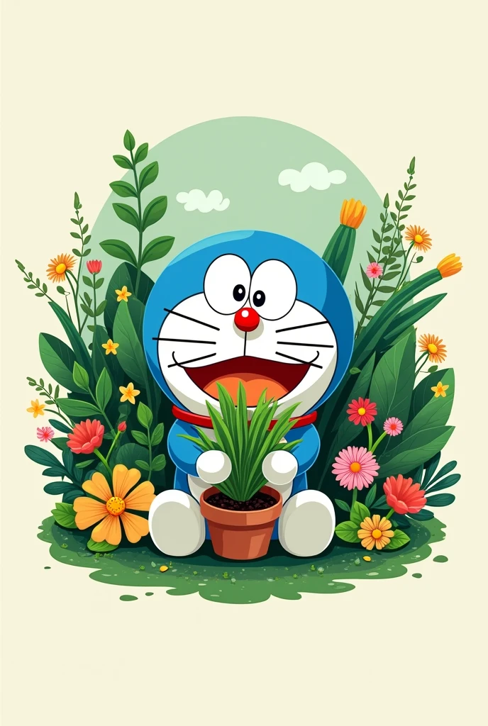 LOGO FOR A COMPANY WHERE DORAEMON WITH A PLANT IN HIS HAND SURROUNDED BY BEAUTIFUL PLANTS AROUND HIM
