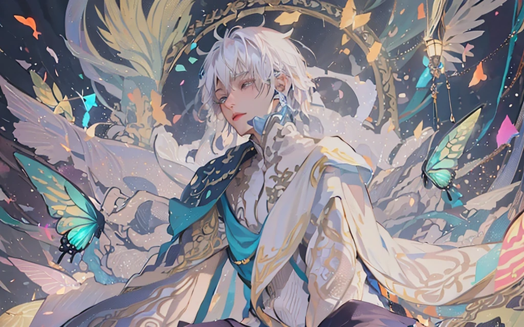 male、wing、Silver Hair、gem、accessories、Thin fabric clothing、exotic、Lights that illuminate the night、Fluttering、Butterflies and confetti。