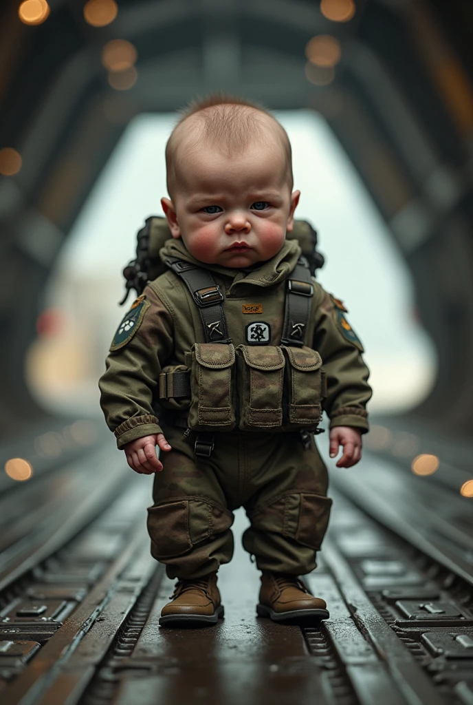 Cute newborn with serious face like army soldier in C130 plane getting ready to parachute realistic real life