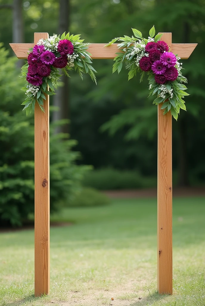 I want an image of a wooden wedding arch that is straight not curved and that only in the 2 upper corners there is a symmetry of purple carnations with green leaves. In the lower part I don't want anything. I want it to be simple and outdoors.