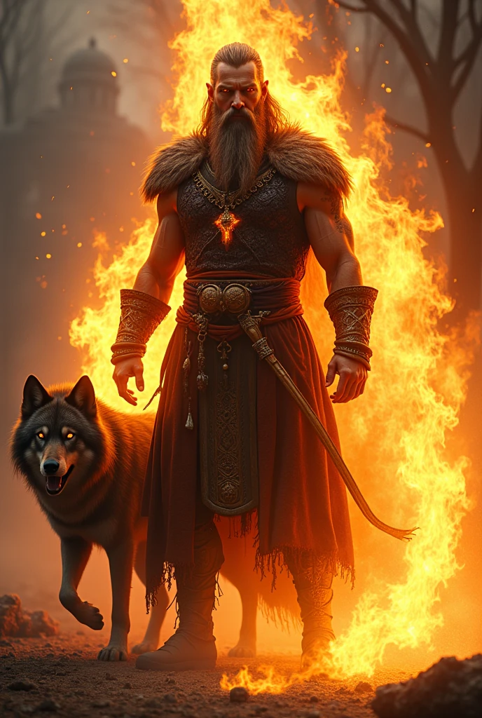 Druide Aasminar homme du feu sauvage utilisant du feu blond aux yeux dorée avec un chienloup sur le thème viking