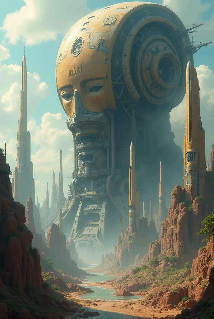 There is a painting of a futuristic city with a giant robot head, jodorowsky's dune, Incredibly detailed matte painting, Peter Gric y Dan Mumford, intricate matte painting, jodorowsky's dune movie, john harris style, jean giraud 8k, Hyper-detailed matte painting, intricate environments, Stunning sci-fi concept art, society )