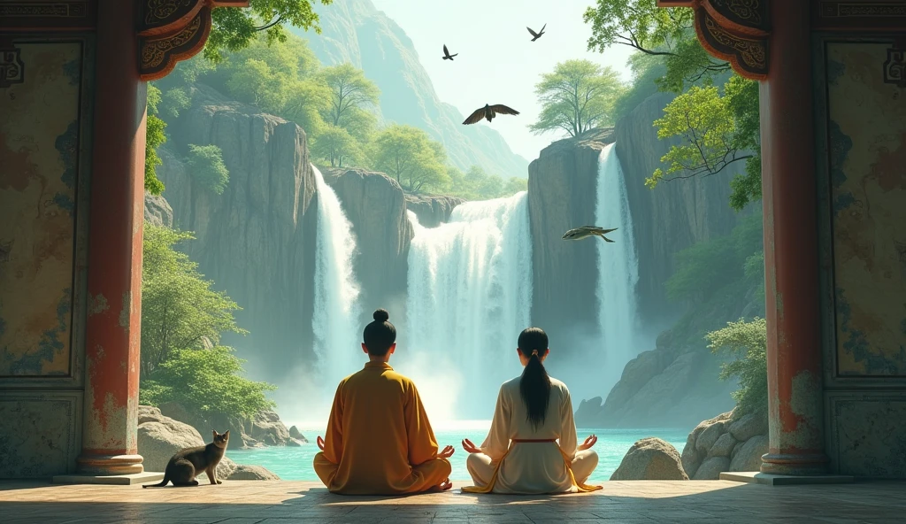 2 Asians meditating with their backs to an image in an ancient temple with flying birds and two waterfalls in front and lots of nature with 2 cats and some animal in the water