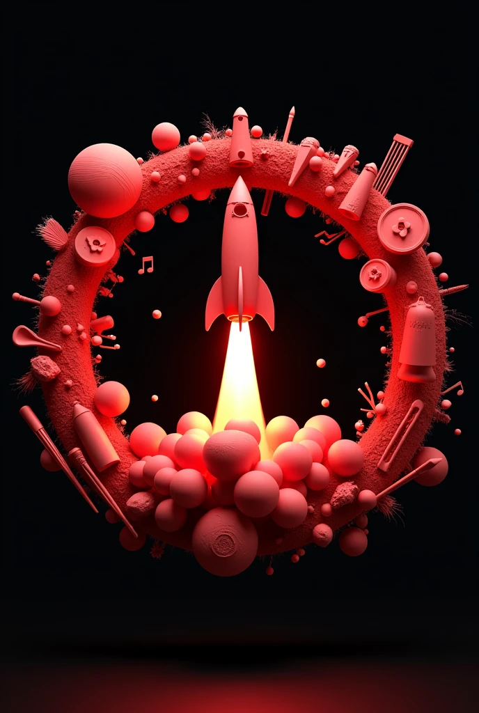 Create a 3D render featuring a 360-degree circular arrangement with elements representing music, art, theater, and musical notes. The circular formation should include a mix of 3D objects like instruments, theatrical masks, paintbrushes, and musical notes, all intertwined to create a continuous cycle. In the center of this circle, position a 3D rocket taking off. Use shades of red for the elements, with the rocket also incorporating red tones, and set against a solid black background to emphasize the vividness of the red tones and the depth of the 3D objects