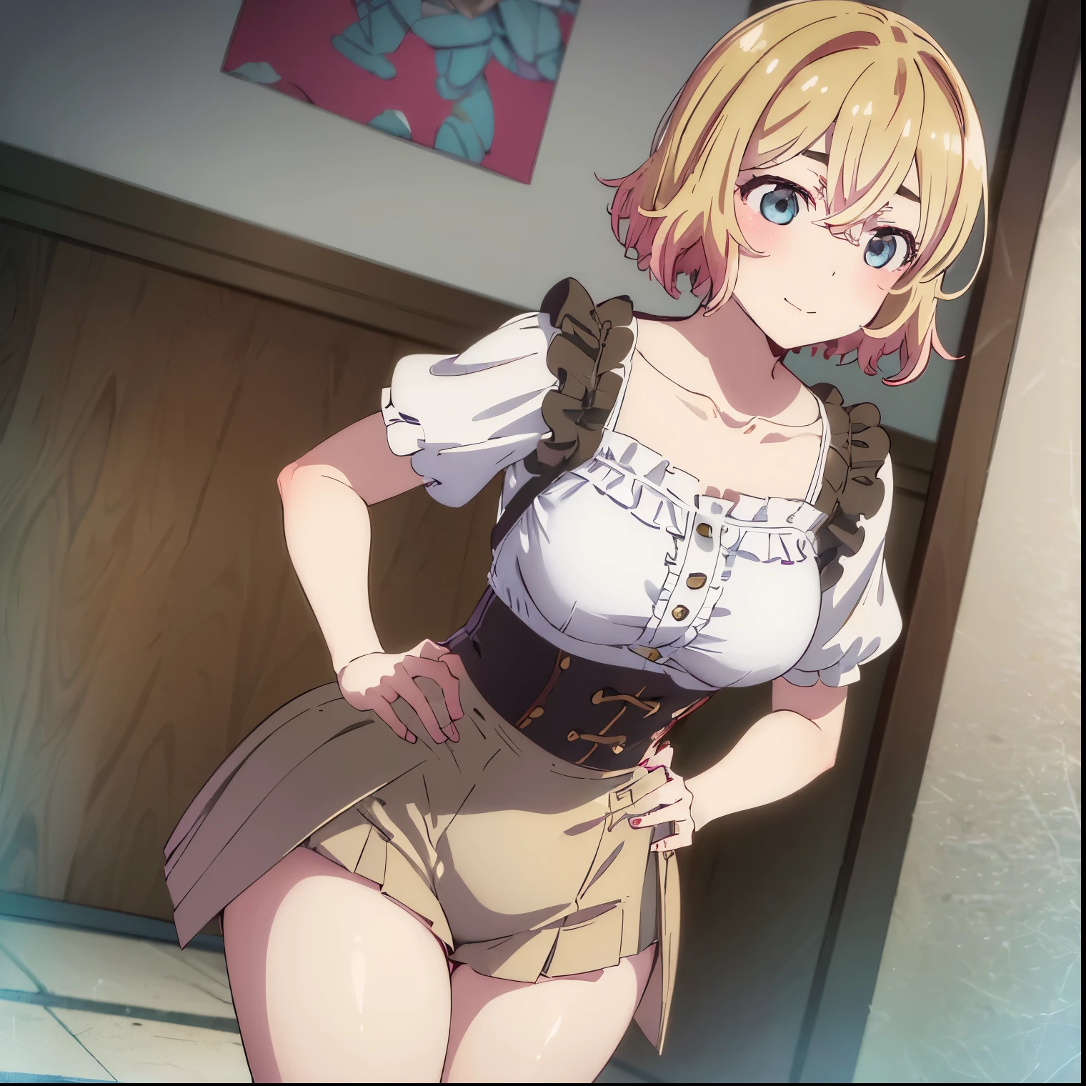 ((1girl)), ((alone)), mommy nanami, ultra detailed, sharp focus, detailed background, detailed eyes, masterpiece, dynamic posture, curvy body, perfect fingers, cowboy photo, hands on waist, looking to the viewer, short hair, aqua eyes, blonde hair, hair between the eyes, medium breasts, narrow waist, wide hips, wide thighs, round butt, ((brown skirt with beige details, short skirt, shirt, collarbone, white shirt, neckline, short sleeves, green ruffles, brown loafers, socks, white socks, corset )), standing:1.4,((alone)), outdoor, cityscape, Japanese city, good lighting, mild climate)), sideways , blushing, seductive expression, smile, closed mouth, Dutch angle, looking forward, ((focus on hips:1.4)), point of view: (from below), perfect anatomy, perfect hands