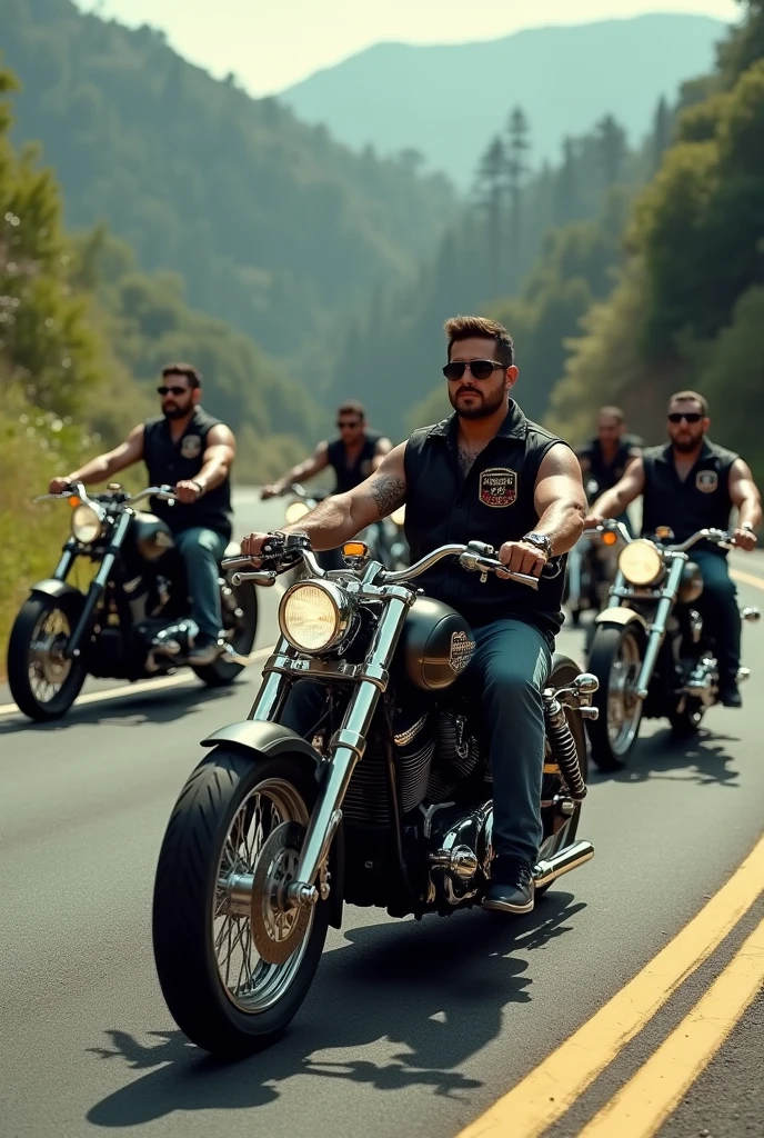 A GROUP OF MOTORCYCLISTS WEARING A BLACK MOTORCYCLE CLUB JEANS VEST AND SHIRT, and YOUR CUSTOM OLDSCHOOL MOTORCYCLES,