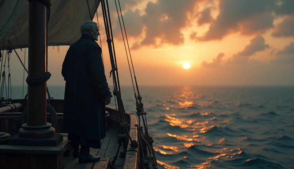 A cinematic and dark image of a medieval ship captain standing at the prow of his vessel, gazing into a misty, otherworldly horizon. The twilight sky is awash in rich golds and deep purples, hinting at the approach of a mythical realm like the lost Land of Mu. Ethereal shapes of sirens glide gracefully around the ship in the distance, their haunting songs almost visible as ripples of light that encircle the captain, drawing him into a dreamlike trance. The ship's wooden deck is weathered, the sails barely catching the wind as the surreal, darkened sea stretches infinitely ahead, filled with an aura of mystery and ancient lore., Surrealism, Hyperrealism, UHD, retina, masterpiece, accurate, anatomically correct, textured skin, super detail, award winning, 16k