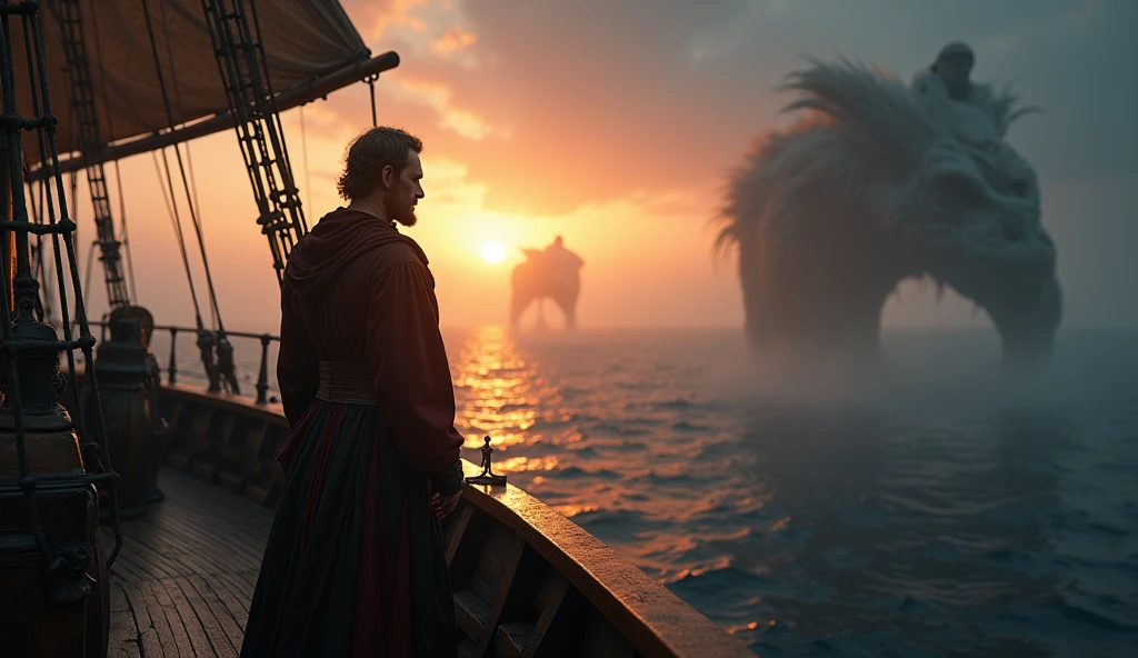 A cinematic and dark image of a medieval ship captain standing at the prow of his vessel, gazing into a misty, otherworldly horizon. The twilight sky is awash in rich golds and deep purples, hinting at the approach of a mythical realm like the lost Land of Mu. Ethereal shapes of sirens glide gracefully around the ship in the distance, their haunting songs almost visible as ripples of light that encircle the captain, drawing him into a dreamlike trance. The ship's wooden deck is weathered, the sails barely catching the wind as the surreal, darkened sea stretches infinitely ahead, filled with an aura of mystery and ancient lore., Surrealism, Hyperrealism, UHD, retina, masterpiece, accurate, anatomically correct, textured skin, super detail, award winning, 16k