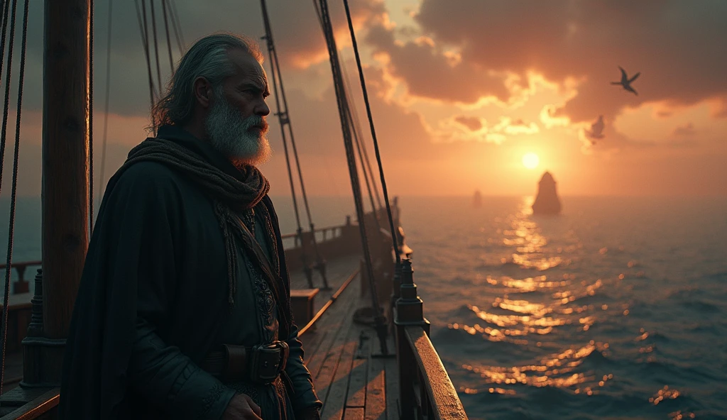 A cinematic and dark image of a medieval ship captain standing at the prow of his vessel, gazing into a misty, otherworldly horizon. The twilight sky is awash in rich golds and deep purples, hinting at the approach of a mythical realm like the lost Land of Mu. Ethereal shapes of sirens glide gracefully around the ship in the distance, their haunting songs almost visible as ripples of light that encircle the captain, drawing him into a dreamlike trance. The ship's wooden deck is weathered, the sails barely catching the wind as the surreal, darkened sea stretches infinitely ahead, filled with an aura of mystery and ancient lore., Surrealism, Hyperrealism, UHD, retina, masterpiece, accurate, anatomically correct, textured skin, super detail, award winning, 16k