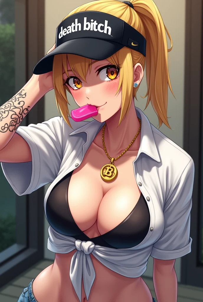 The character in the image has a very distinctive and provocative appearance. She has blonde hair tied into a high ponytail, and her thin, expressive eyebrows highlight her amber eyes, which are half-closed in a sassy look. His skin is fair and covered in sweat, suggesting heat or physical exertion. She wears a black visor or cap with "DEATH BITCH" written in white letters, which complements her bold style. A golden necklace with a large "B" shaped pendant rests on her neck, almost touching her prominent bust, which is partially exposed by the open white shirt. The shirt is tied loosely, revealing a lot of skin, with the top button open and a black top, which suggests a casual and seductive look. His left arm is partially covered in a tribal-style tattoo, adding an element of rebellion to his appearance. She also wears a fingerless glove on her right hand, which holds a pink condom in her mouth, adding a provocative touch to the scene. The expression on the character's face, along with her gesture, suggests a confident and uninhibited attitude. The posture leaning forward, with one hand on the head and the other holding the condom, in addition to the position of the body, reinforces the tone of self-sufficiency and challenge. Overall, the character exudes an aura of confidence, sensuality and a bit of rebellion. Do it anime style