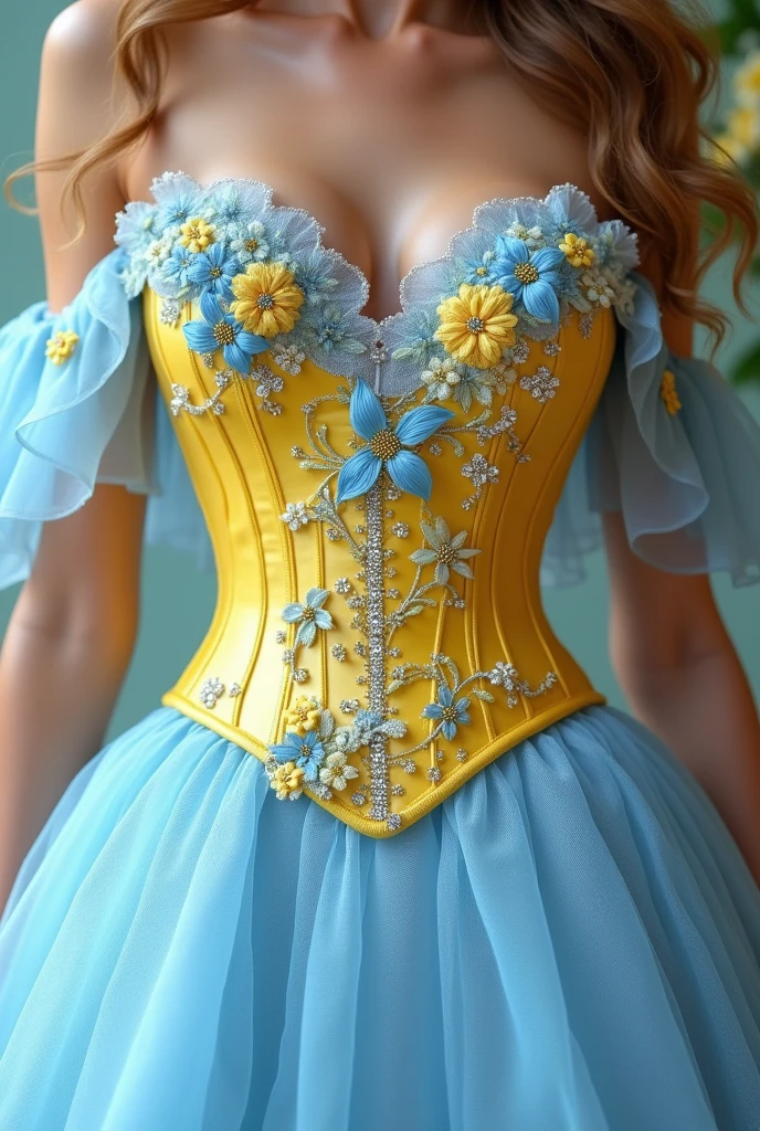 Glamorous short romantic style dress with multi-layered skirt in light blue tulle with sparkles, gliter, diamond that does not go past the knee and yellow corset at the waist with a neckline between the bust with bipiur embroidered lace and many highlighted yellow and light blue flowers throughout the 3d corset and rhinestones and with elegant floating sleeves