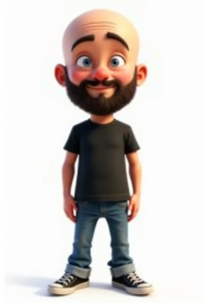 create a disney and pixar style character bald and with a full beard, missing only below the mouth, but with a beard on the chin yes. thin eyebrow, fine nose, oval square face, black t-shirt and jeans, black sneakers, white background