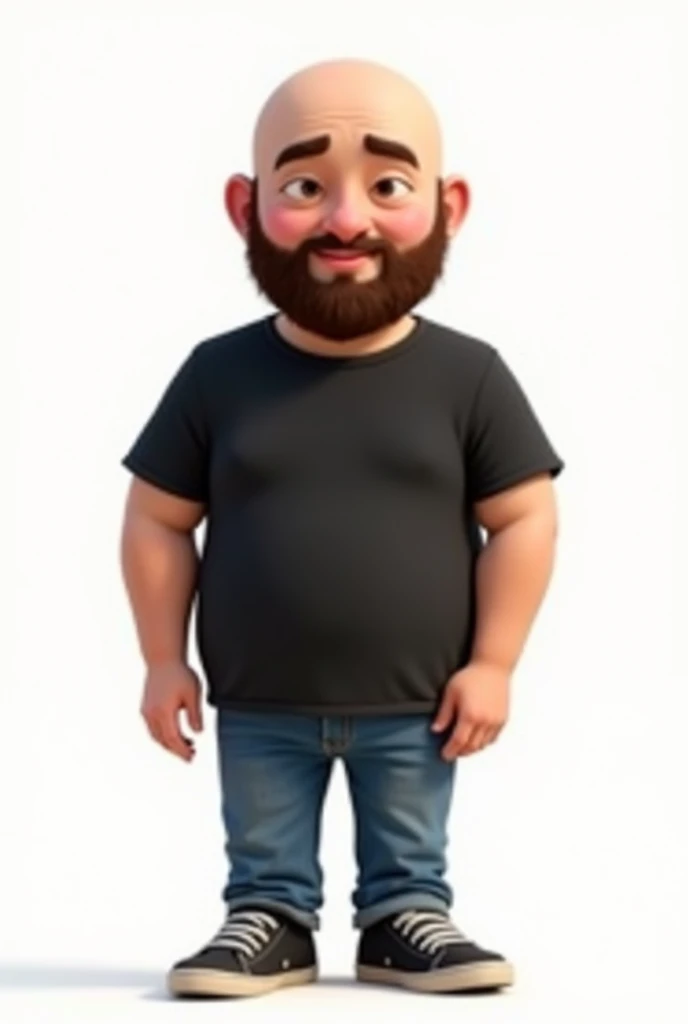create a disney and pixar style character bald and with a full beard, missing only below the mouth, but with a beard on the chin yes. thin eyebrow, fine nose, oval square face, black t-shirt and jeans, black sneakers, white background