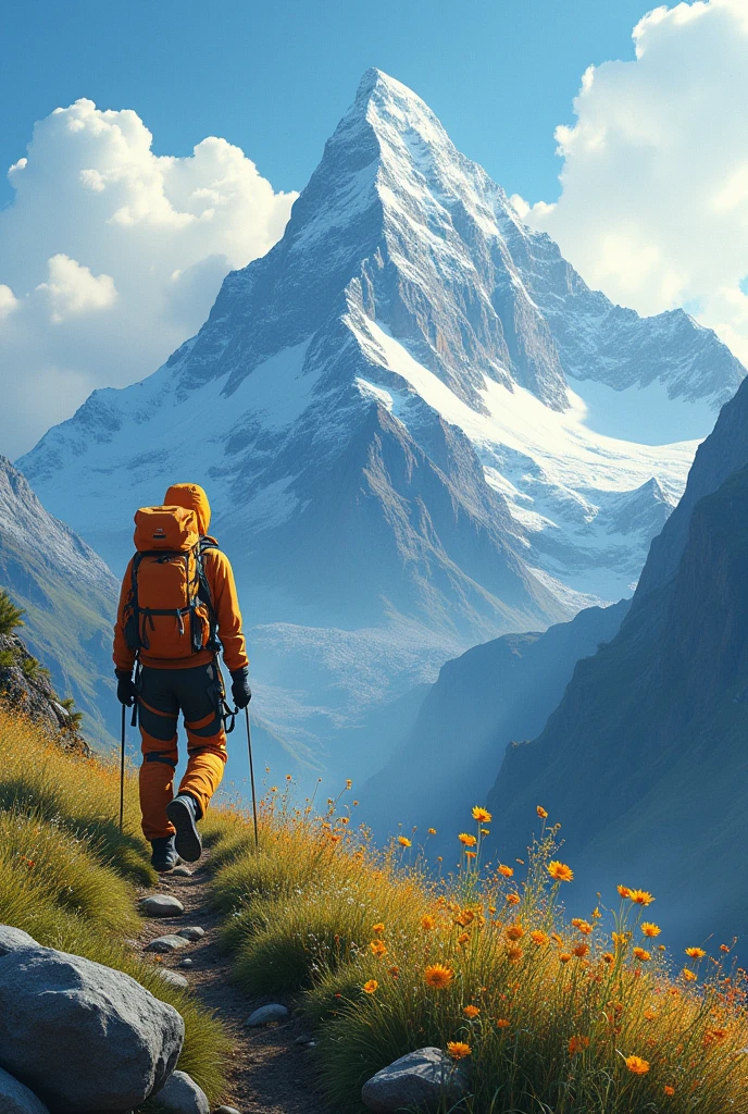 climber at the beginning of a mountain on the meadow background photorealistic mountaineering Climber ascending a mountain at 3:00 seen from behind with bright colors con el texto de fondo "trabaja tu ego" en la parte de arriba de la montaña con la fuente de texto "Times New Roman"