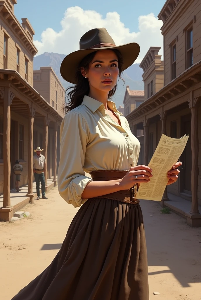 1880s western female newsreporter with a pen and a paper