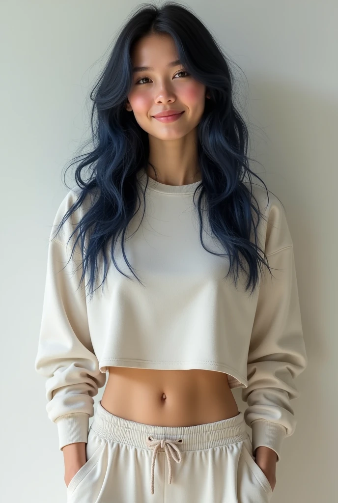 20 year old woman French nationality More realistic style White skin Athletic Long wavy hair Dark blue hair Quality smile Small lips Small and tender face Loose and cropped sweatshirt clothing, pants covering the navel, pantalon olgada
Cuepo de 1,70 Weight of 60 kl Defined