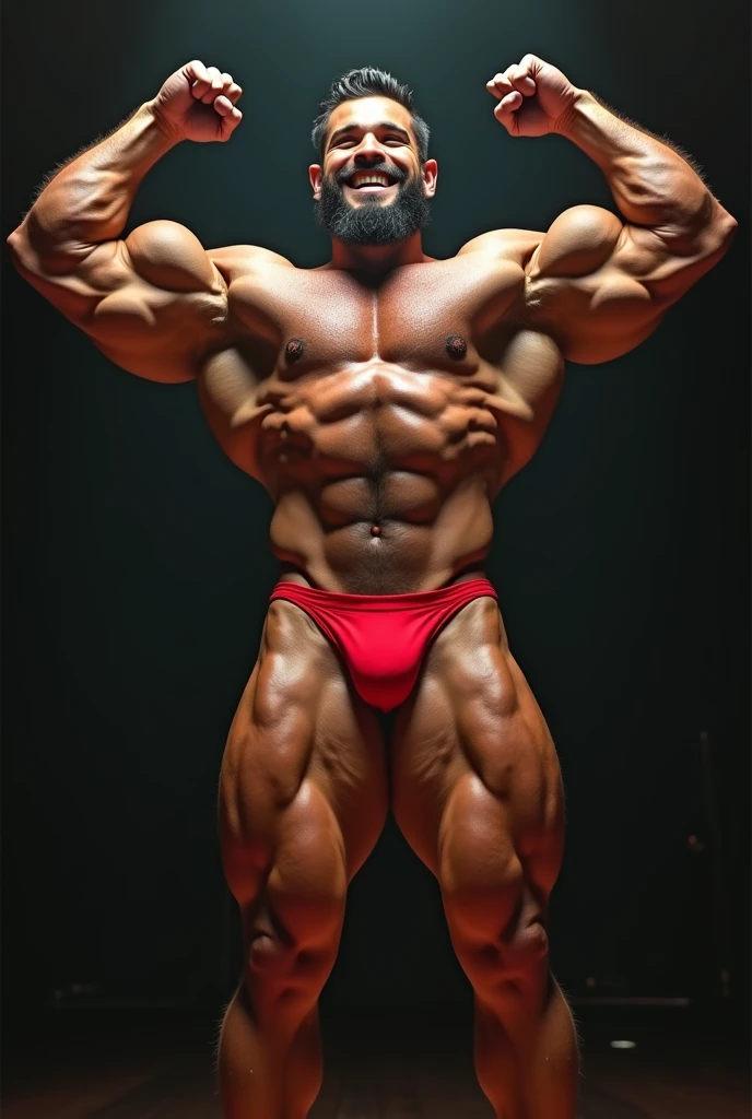 a hairy bearded Bolivian man with a red bikini posing on a stage with his arms up and a smile on his face, a portrait by Byron Galvez, featured on instagram, Baroque, body builder physique, Physicist exagerado, Physicist muscular exagerado, Mr. Universe, big fit ass, long, stark, Physicist |, corpo fitness ifbb, body builder posing, body builder, body builder body, ernest khalimov body