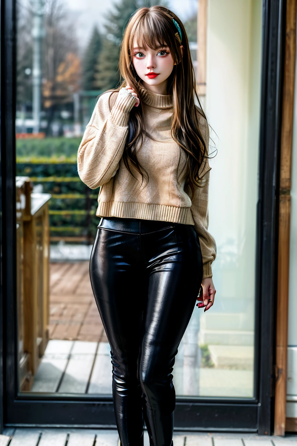 ((best qualityer)), ((work of art)), (detailded), 1 girl, ombro to ombro sweater, russet hair, leggings pants, Overview, 8k, rosto detailded, standing