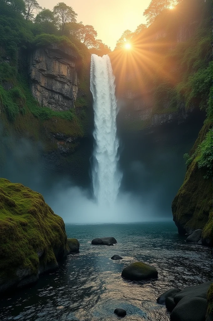 ((best quality)), ((masterpiece)), (detailed), perfect waterfall ,açores, moody, golden jour