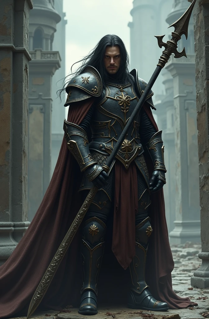 Generate a grown man who looks like Ronnie Radke. He has long black hair. He wears black and grey armor with a long brown cloak and hood. He holds a lance with a wide blade. Dark castle in background. Dark fantasy style. Realistic digital drawn image.