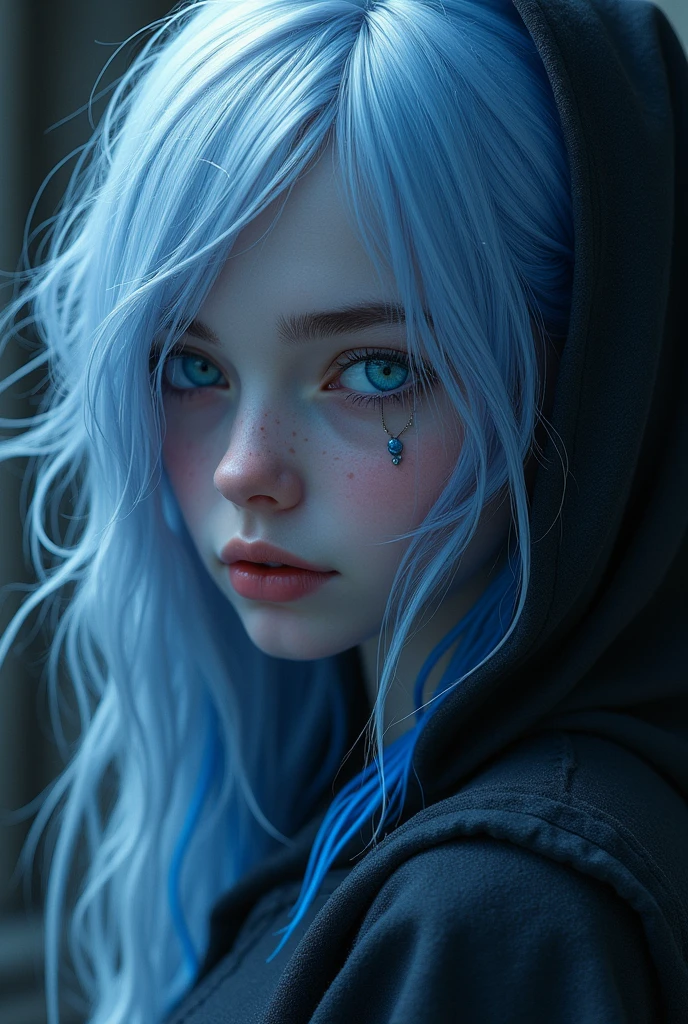 Human female with ash violet skin color blue eyes and white blue hair traumatized and slightly emo with her hair obscuring half of her face and eye dungeons and dragons rpg style