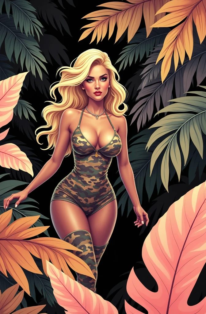 masterpiece, High resolution:1.3), (beautiful, seductive blonde girl, with an impeccable, irresistible body, big breasts, And thick, shapely legs, walking confidently through the dense, lush jungle, fitted dress, tight camouflage pants and a matching top that accentuate her curves and reveal her toning., athletic figure:1.2), (her sensual, seductive look, locked in the viewer, inviting them to join her in a wild, exciting adventure in the heart of the jungle:1.2), (the vibrant, exotic surroundings, full of towering trees, colorful foliage, and the sounds of wildlife, creating a sensual, Primary atmosphere that increases sexual tension.:1.2), (The warmth, humid air, causing a thin layer of sweat to shine on the girl's skin, as he moves with grace and determination through the undergrowth, His every move exudes confidence., strength, and raw, animal magnetism:1.2), (an image that captures the essence of desire, Temptation, and the irresistible attractiveness of a woman who knows how to use her body to drive men crazy.:1.3), (ultra photorealistic, highlighting the fine details of the girl's outfit, His facial features, and the surrounding jungle, as well as the delicate curves and contours of her body., partially revealed by her tight, Camouflage clothing:1.3), (an image that transports viewers to the heart of an exciting, exotic jungle, where you can experience the excitement and enthusiasm of meeting the seductive blonde girl.:1.2), (a scene that embodies the fusion of nature, sensuality, and the human form, celebrating the captivating beauty and magnetic presence of the girl:1.2), (lust:1.3), (4K cinematic quality:1.3), (((SFW)))