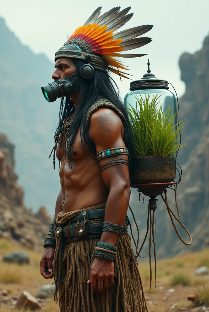 Indian with feathers and cocais breathing with a mask attached to a glass bag carried on his back inside which has a plant that releases oxygen for him to breathe