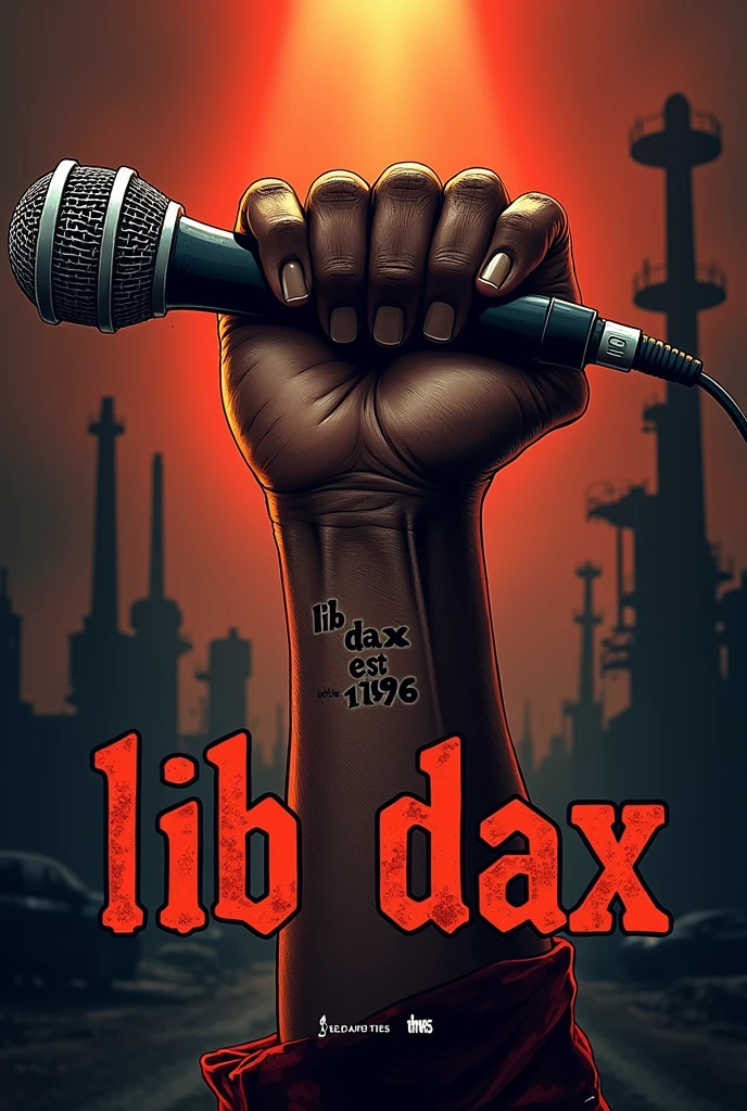 Hip-hop song cover art with titled INDUSTRY ADDRESS. On it there should be a muscular African hand with a written tattoo "LiB Dax EST 1996" holding a microphone  