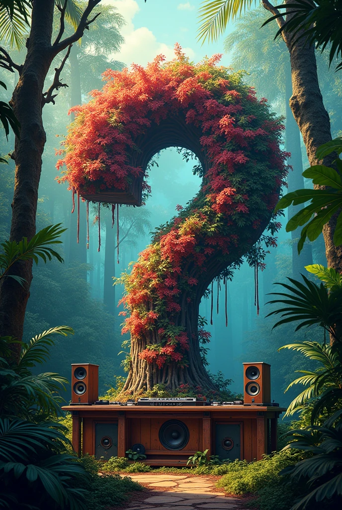 A large colorful tree in the shape of a question mark in a rain forest and a DJ place